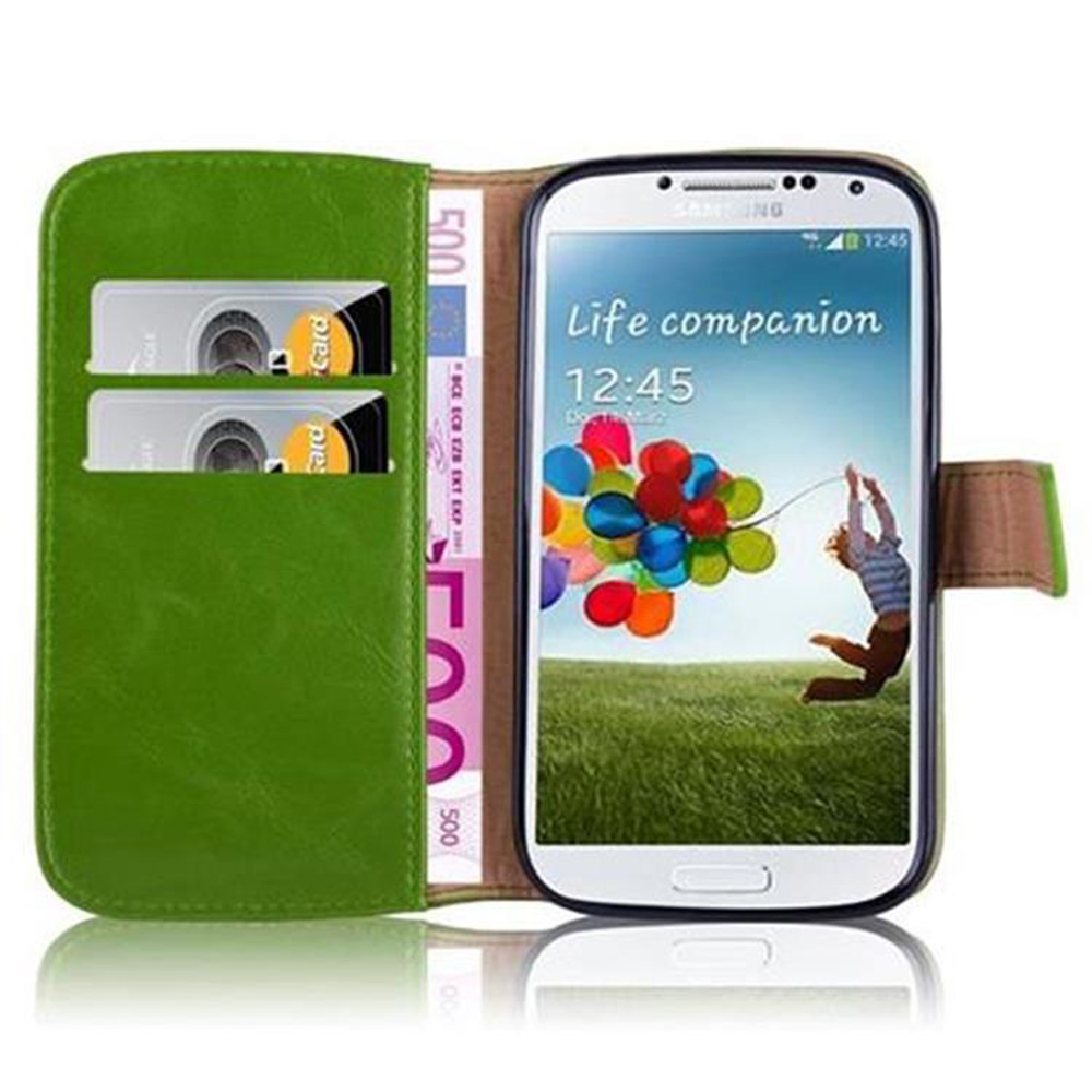 Custodia per telefono verde con due fessure per carte. Un telefono con palloncini colorati sullo schermo.