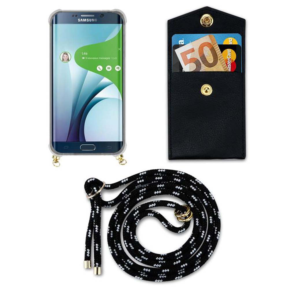 Un telefono con custodia e cinturino. All'interno della custodia ci sono carte e denaro. Il telefono mostra una chiamata.