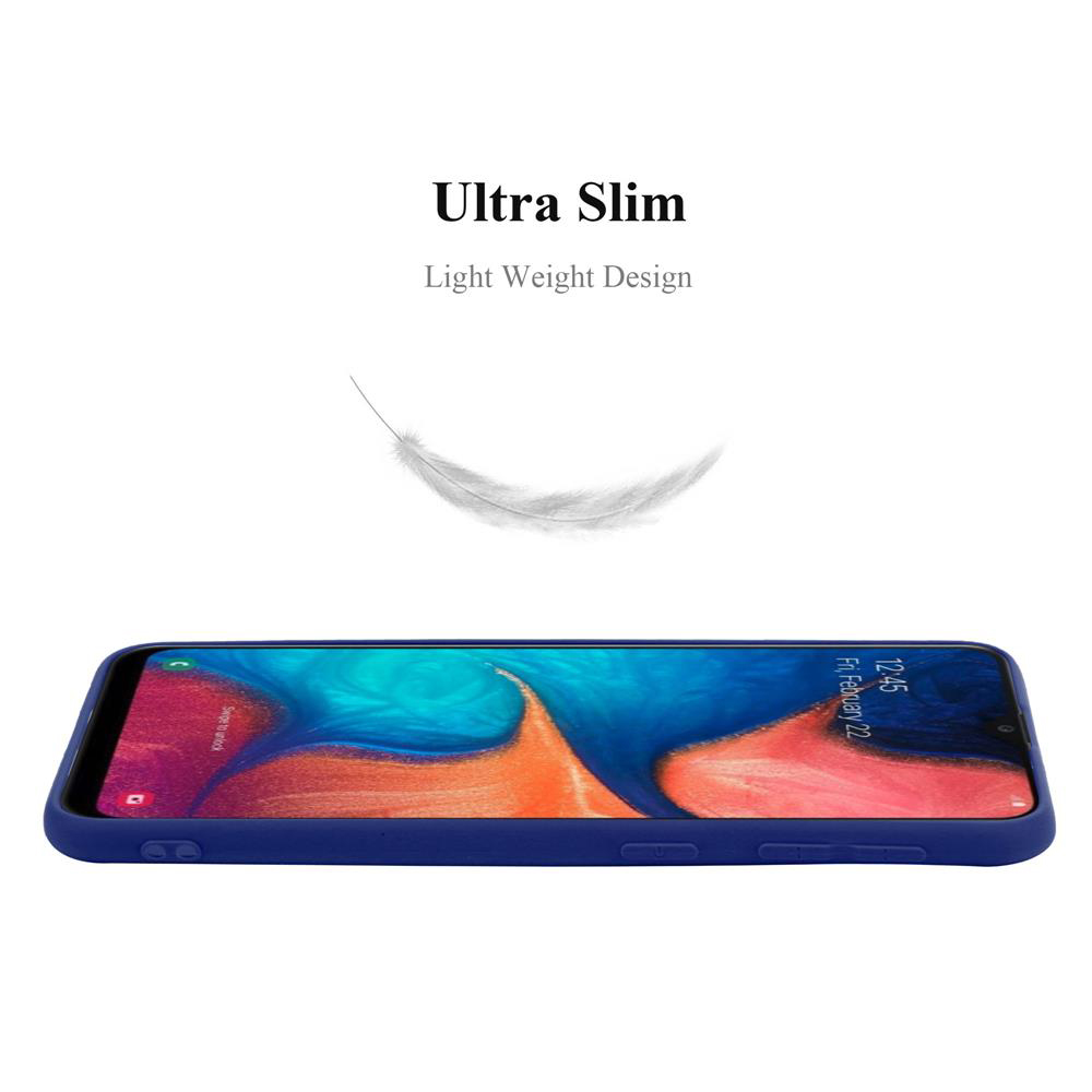 Blaue Handyhülle auf weißem Hintergrund. Text: Ultra Slim, Light Weight Design. Eine Feder schwebt darüber.