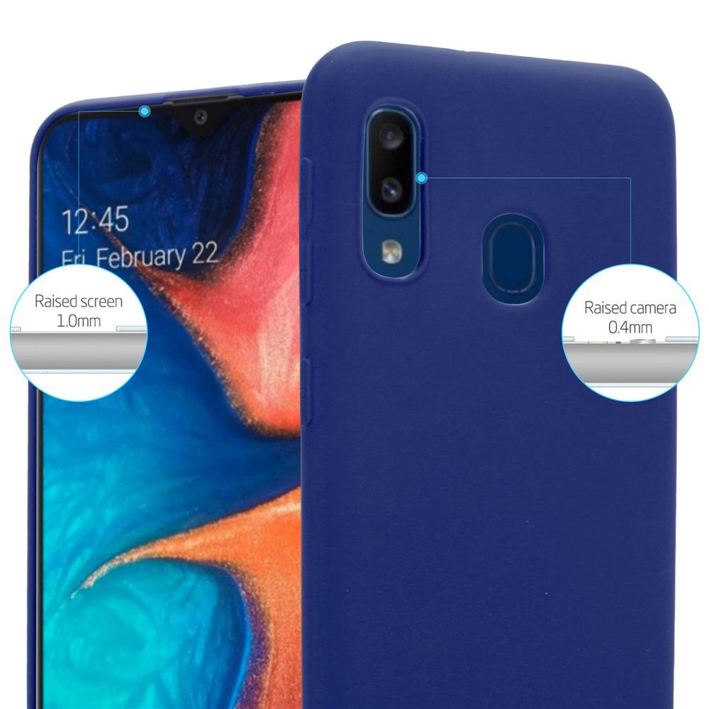 Telefon mit blauer Hülle, Nahaufnahme. Text: Erhöhter Bildschirm 1,0 mm, erhöhte Kamera 0,4 mm.