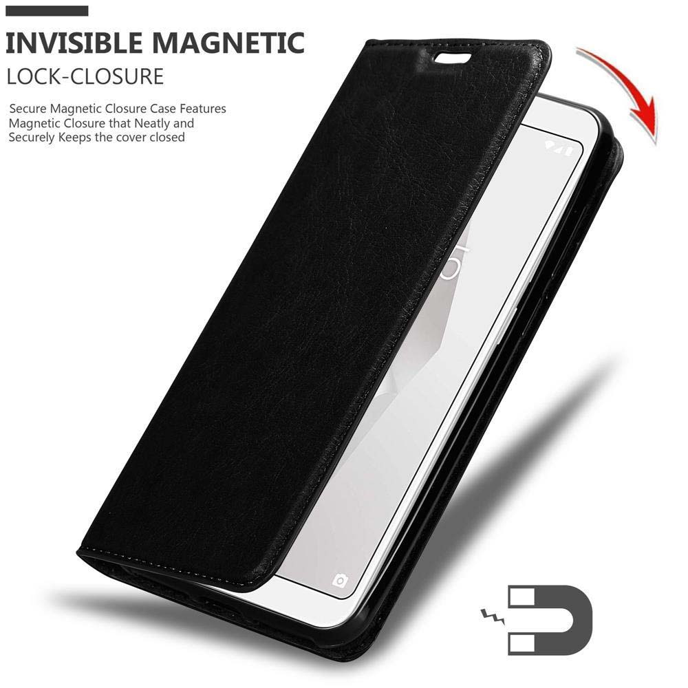 Una custodia nera per telefono con un telefono all'interno. La custodia viene aperta e ha una chiusura magnetica.