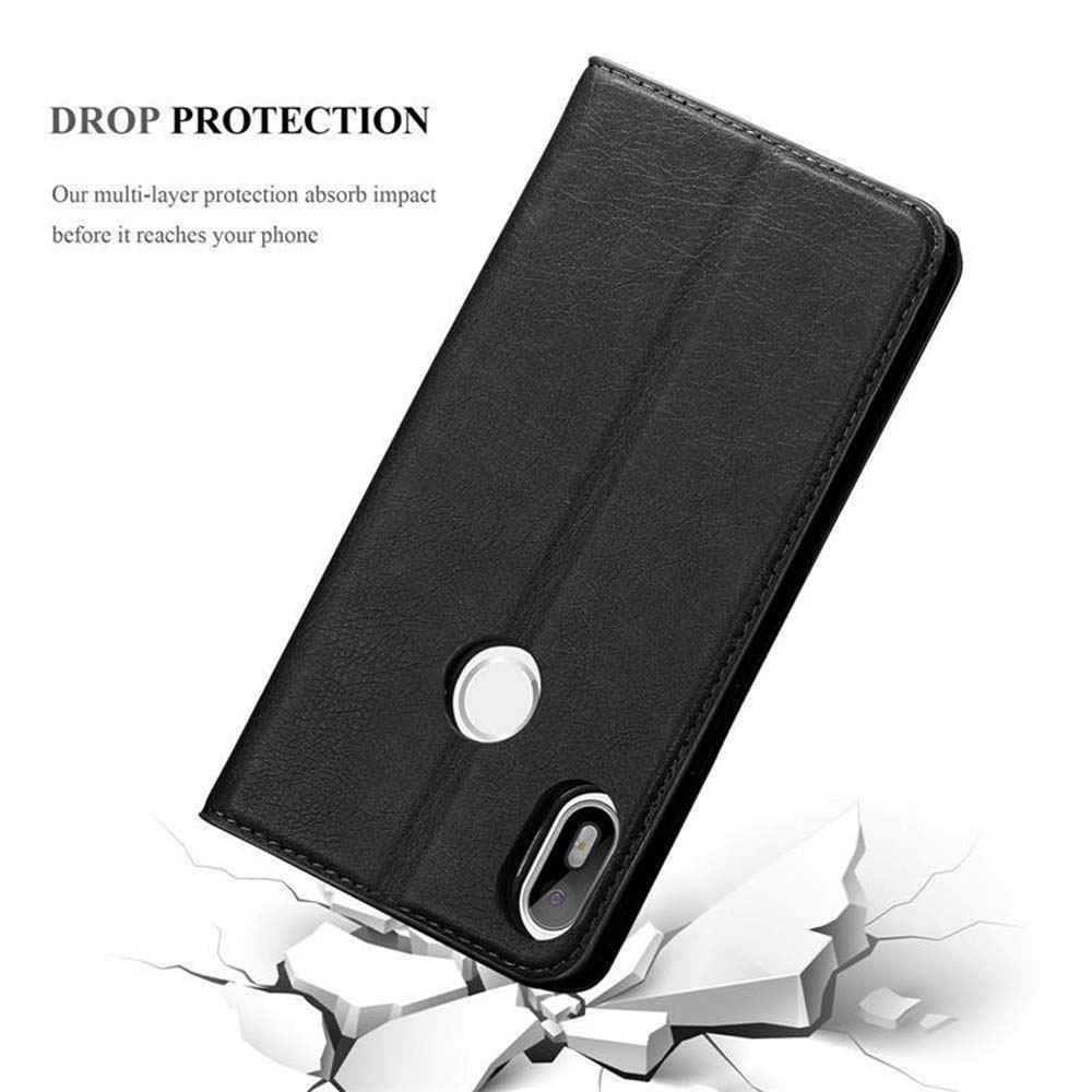 Custodia nera per telefono. Mostra protezione caduta, impatto. Parte posteriore con fotocamera.