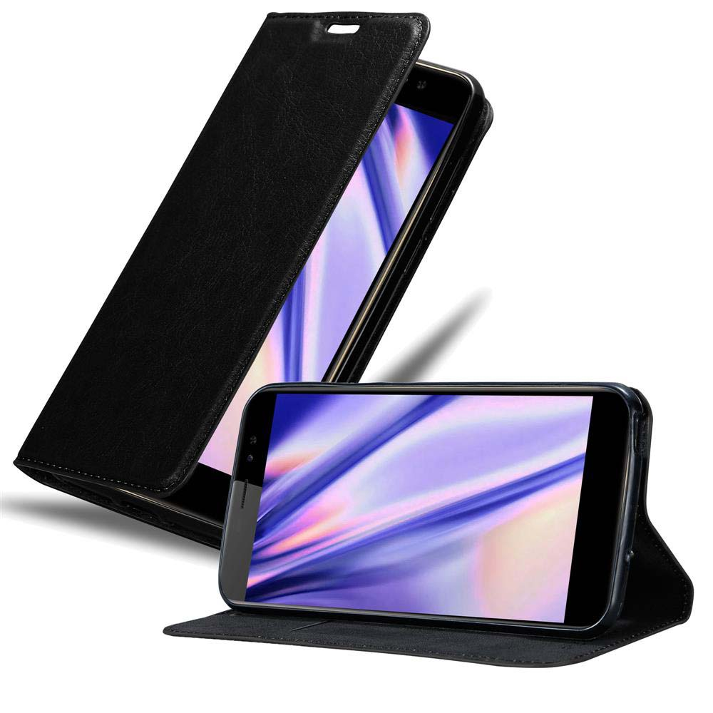Schwarze Handyhülle mit offenem Handy. Ein anderes Telefon steht davor und zeigt seinen Bildschirm.