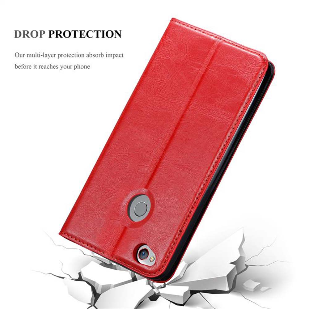 Custodia rossa per telefono, chiusa, con ritaglio per fotocamera e testo di protezione dalle cadute, su terreno rotto.