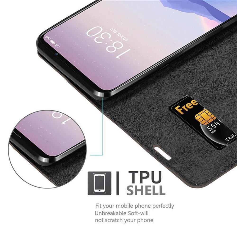 Funda de teléfono abierta, mostrando la pantalla. El texto indica la carcasa de TPU y sus características. Tarjeta de crédito.