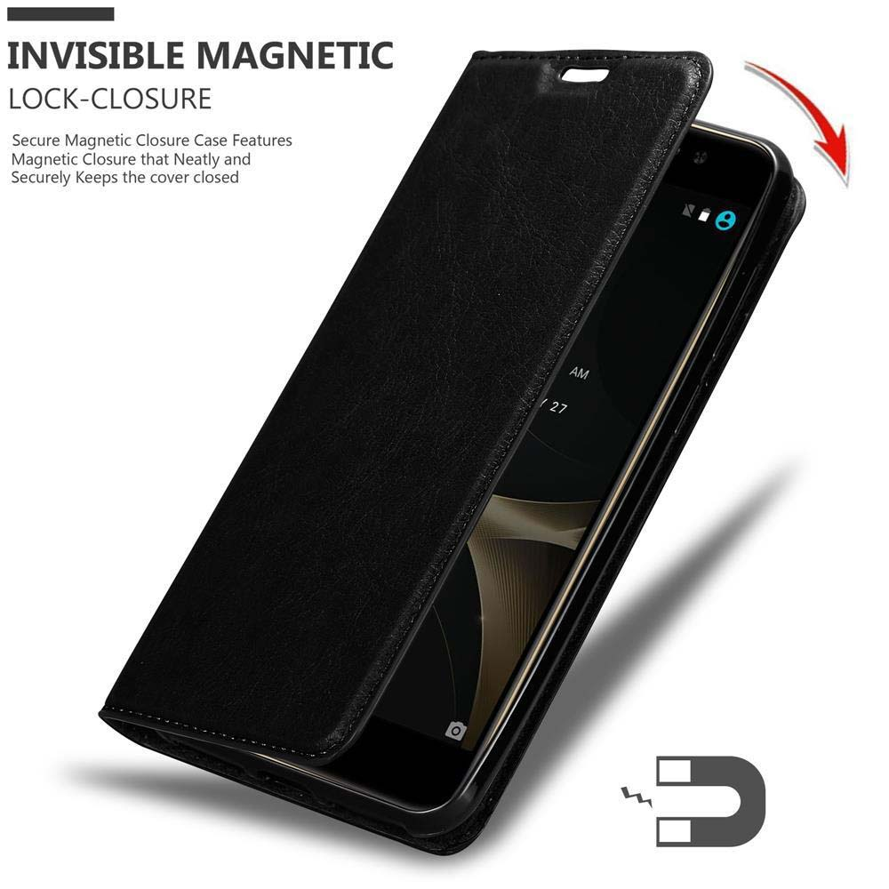 Eine schwarze Handyhülle mit Magnetverschluss. Der Telefonbildschirm ist sichtbar.