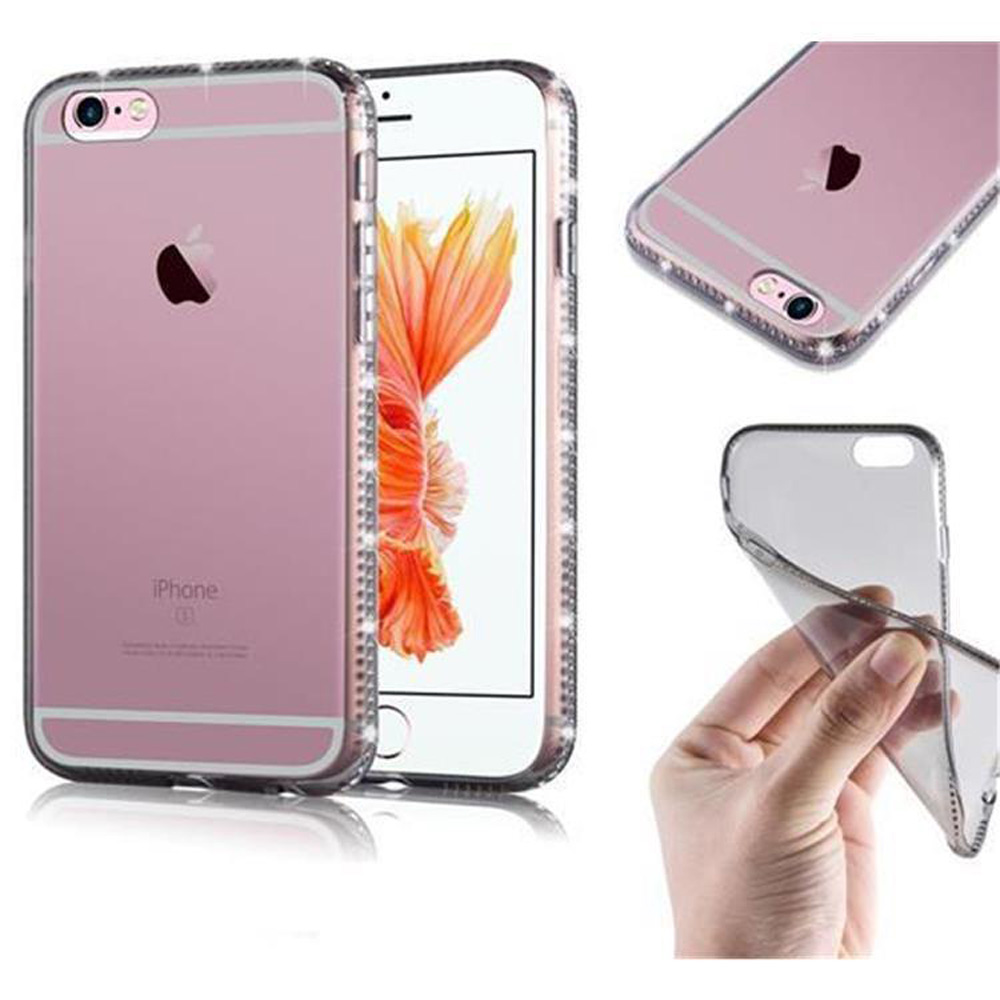Rosa iPhone in einer transparenten Hülle, mit zwei weiteren Ansichten.