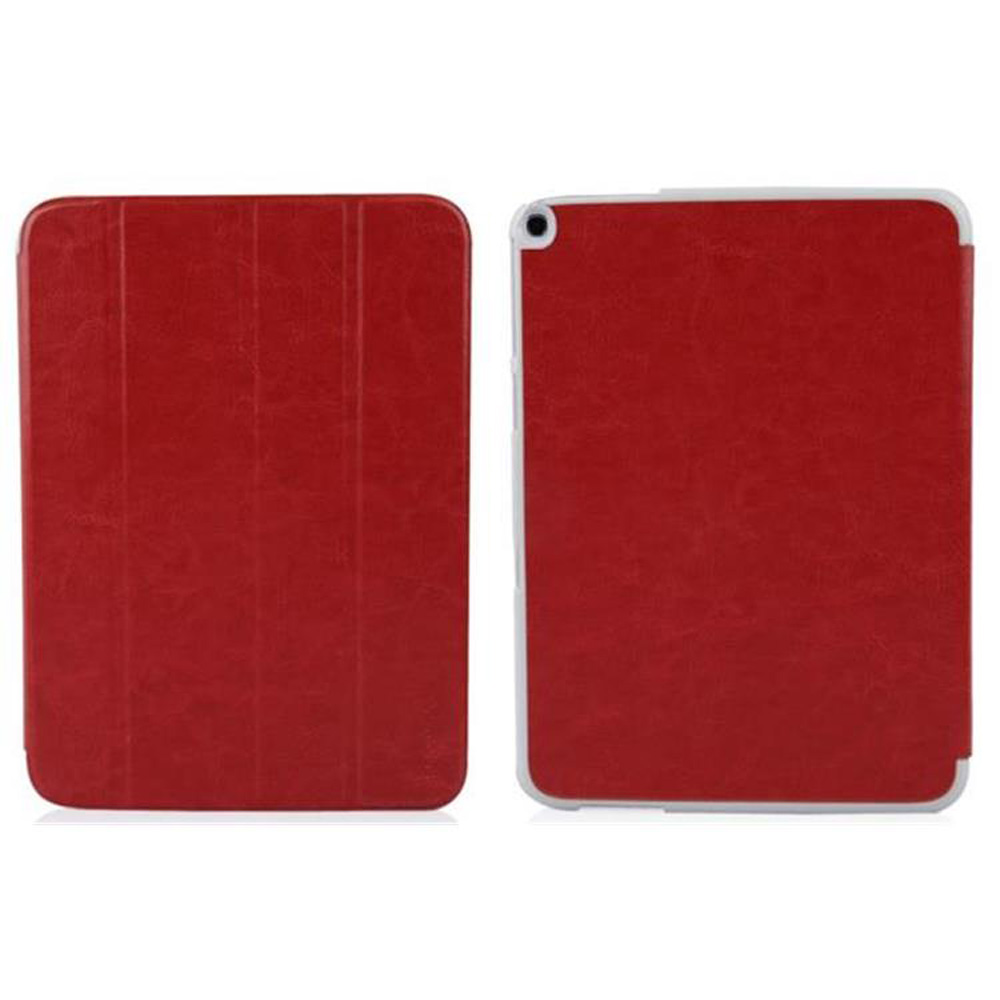 Rote Tablet-Hülle offen und geschlossen. Zeigt lederartige Textur. Die Hüllen sind rot.