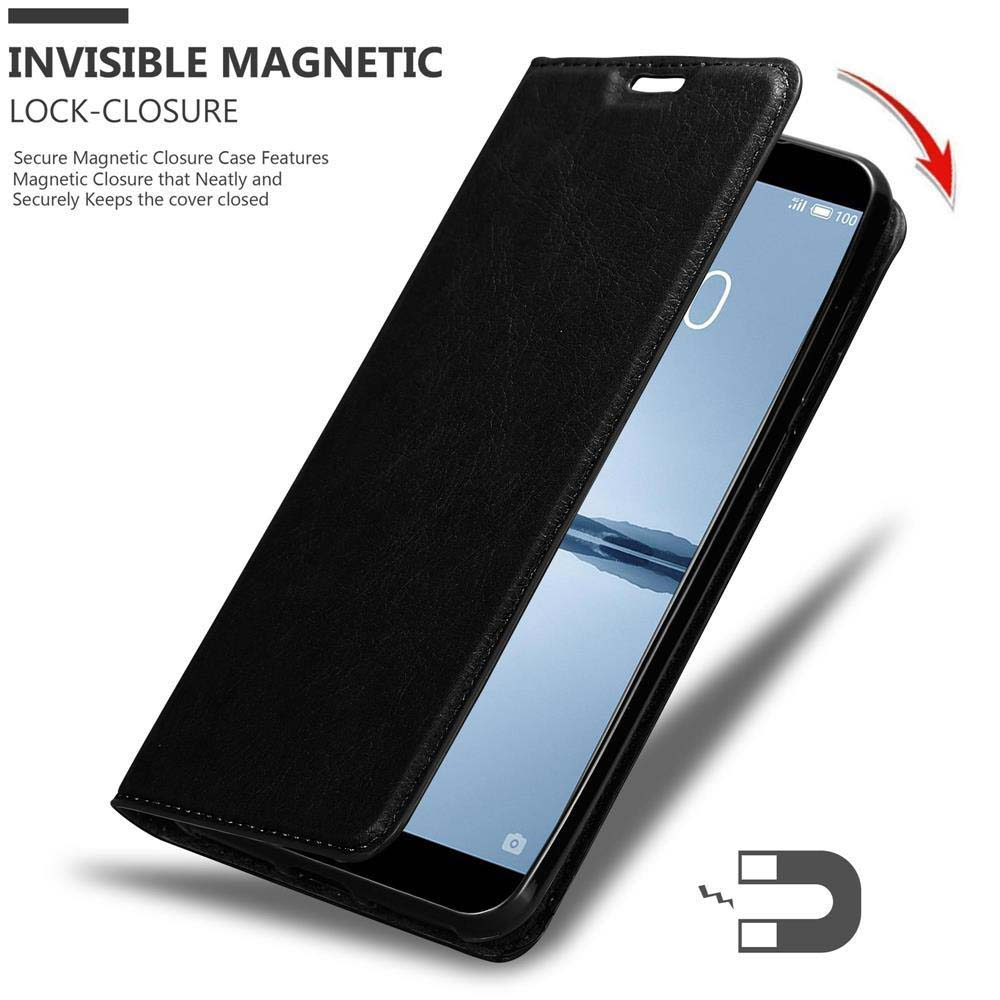 Custodia per telefono nera aperta, che rivela un telefono. Viene mostrato un simbolo di magnete.