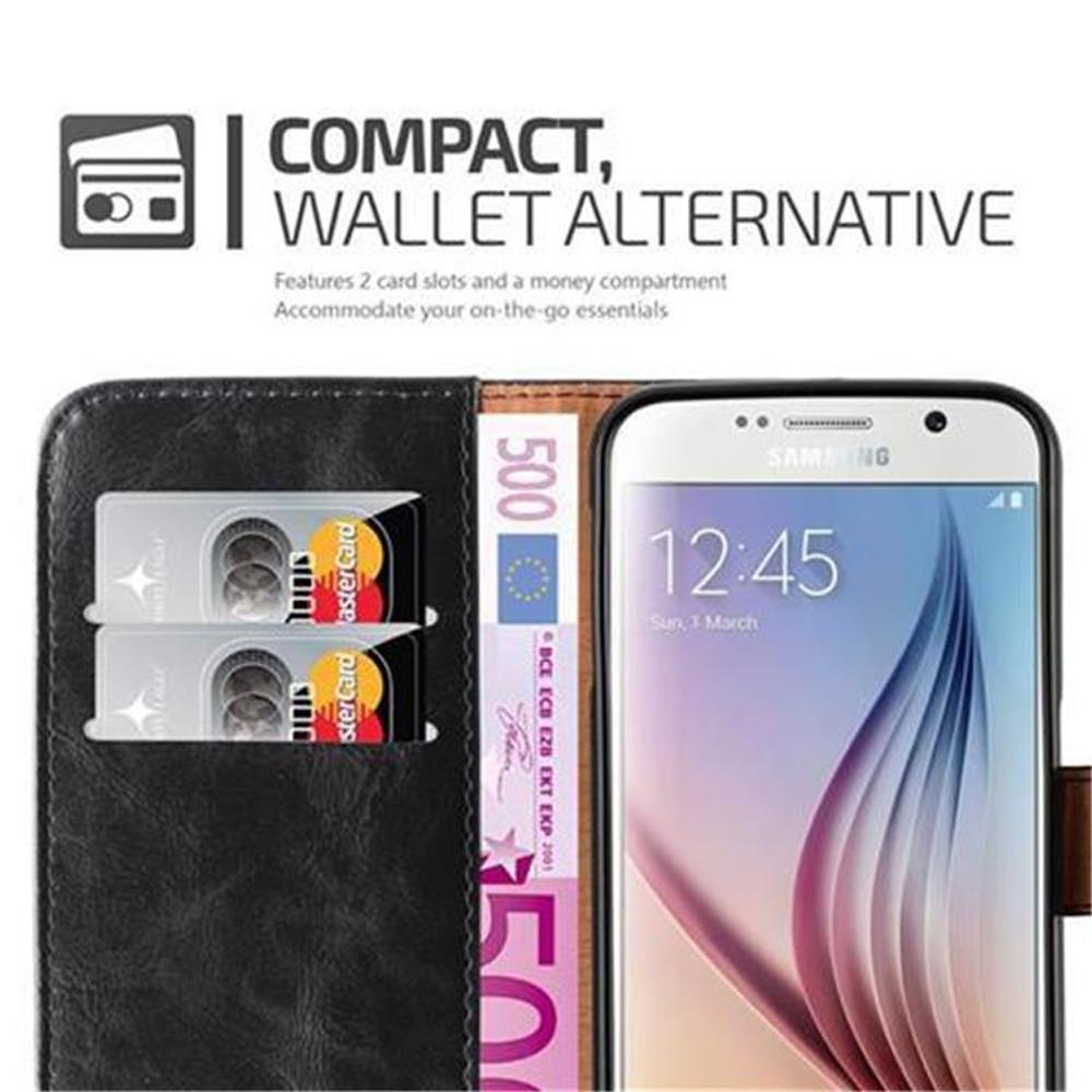 Custodia per telefono a portafoglio nera con telefono e carte di credito all'interno. Denaro visibile.