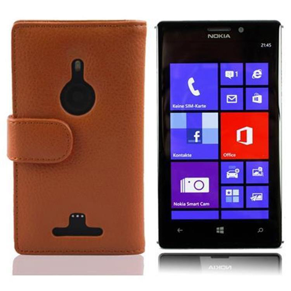 Braune Handyhülle, geschlossen. Telefon auf der rechten Seite. Nokia-Telefon.