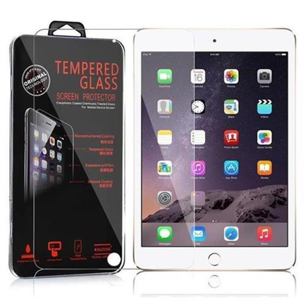 Tablet e confezione del proteggi schermo. Mostra il tablet con il proteggi schermo applicato.