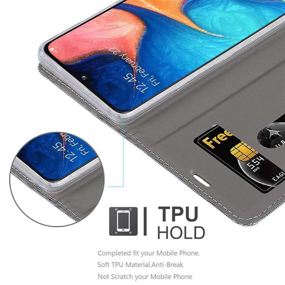 Telefono in una custodia grigia, che mostra lo schermo del telefono e il testo di supporto TPU.