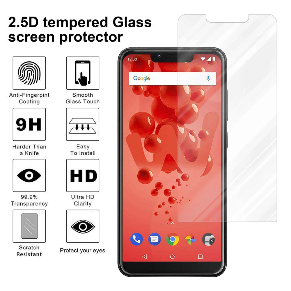 Uno smartphone con una protezione per lo schermo. Icone descrivono le caratteristiche.