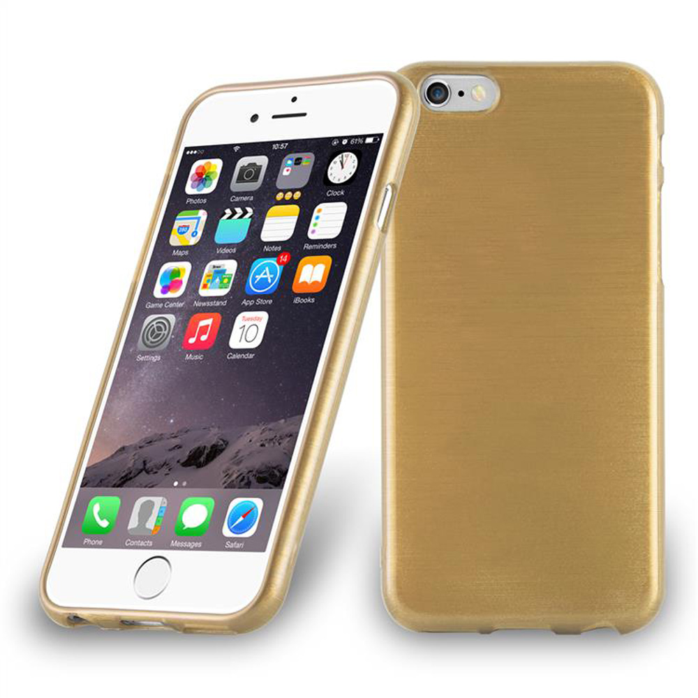 Teléfono dorado con funda, mostrando iconos en la pantalla. Una segunda funda está detrás.