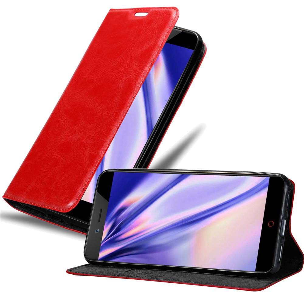 Custodia per telefono rossa. La custodia è aperta, mostrando un telefono con schermo blu.
