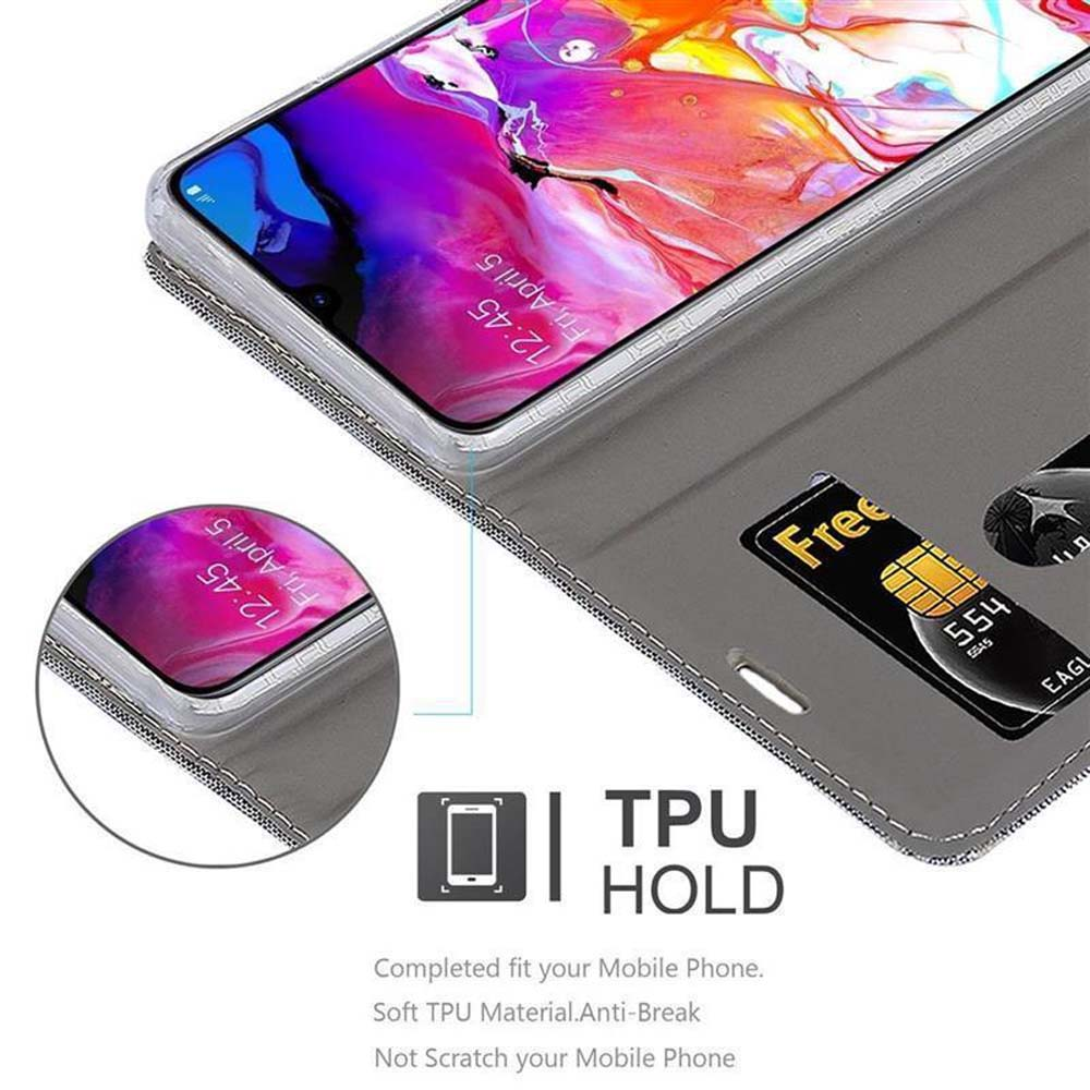Telefon mit Karte in grauem Brieftaschenetui. Text: TPU HOLD.