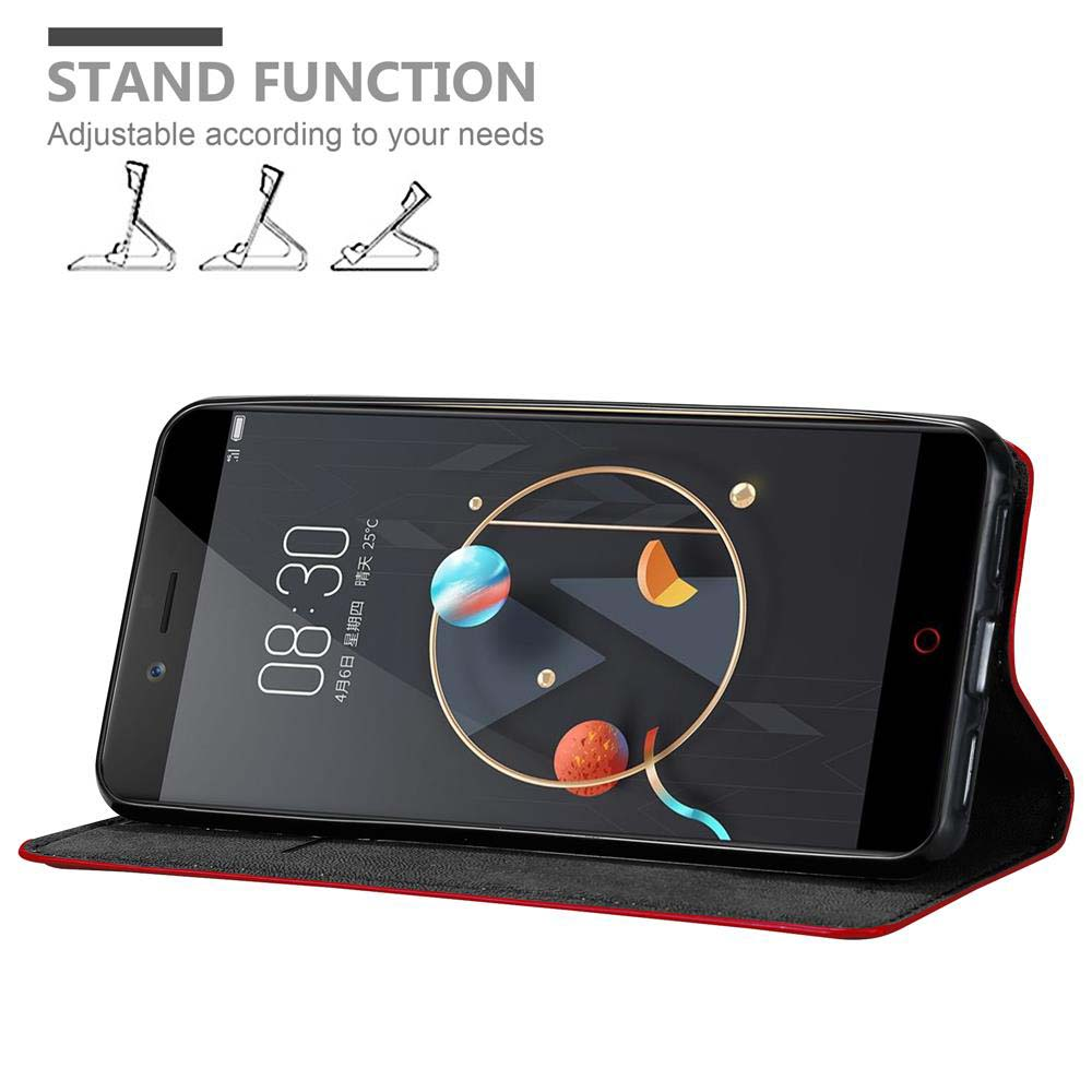 Telefono nero in custodia, mostrato con funzione stand. Supporto con tre diverse posizioni.