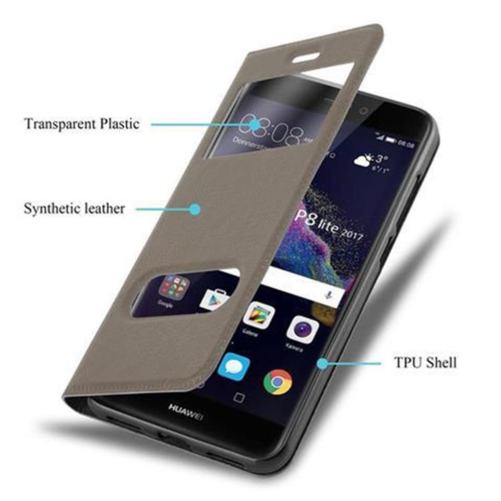 Telefono nella custodia. Custodia aperta. Testo: Plastica trasparente, pelle sintetica, Guscio in TPU.