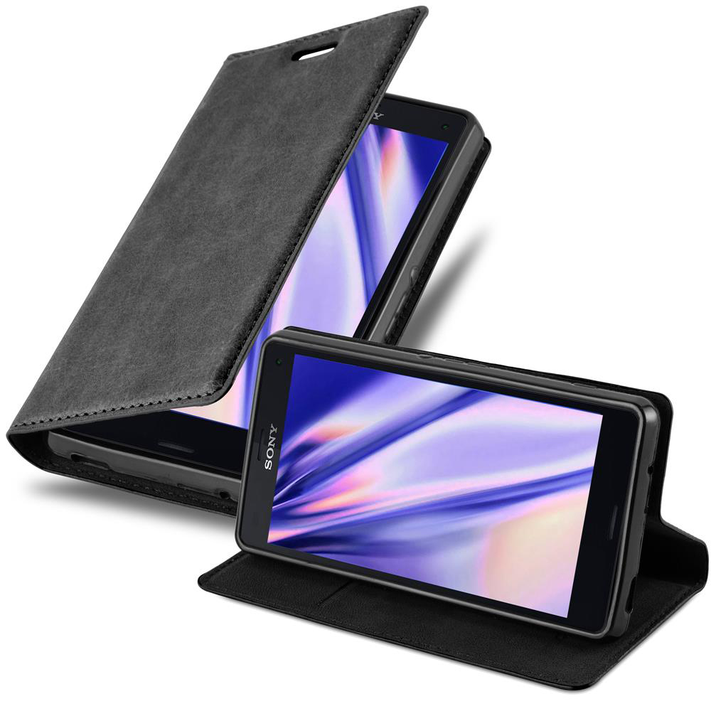 Funda de teléfono negra con un teléfono dentro. La funda está parcialmente abierta.