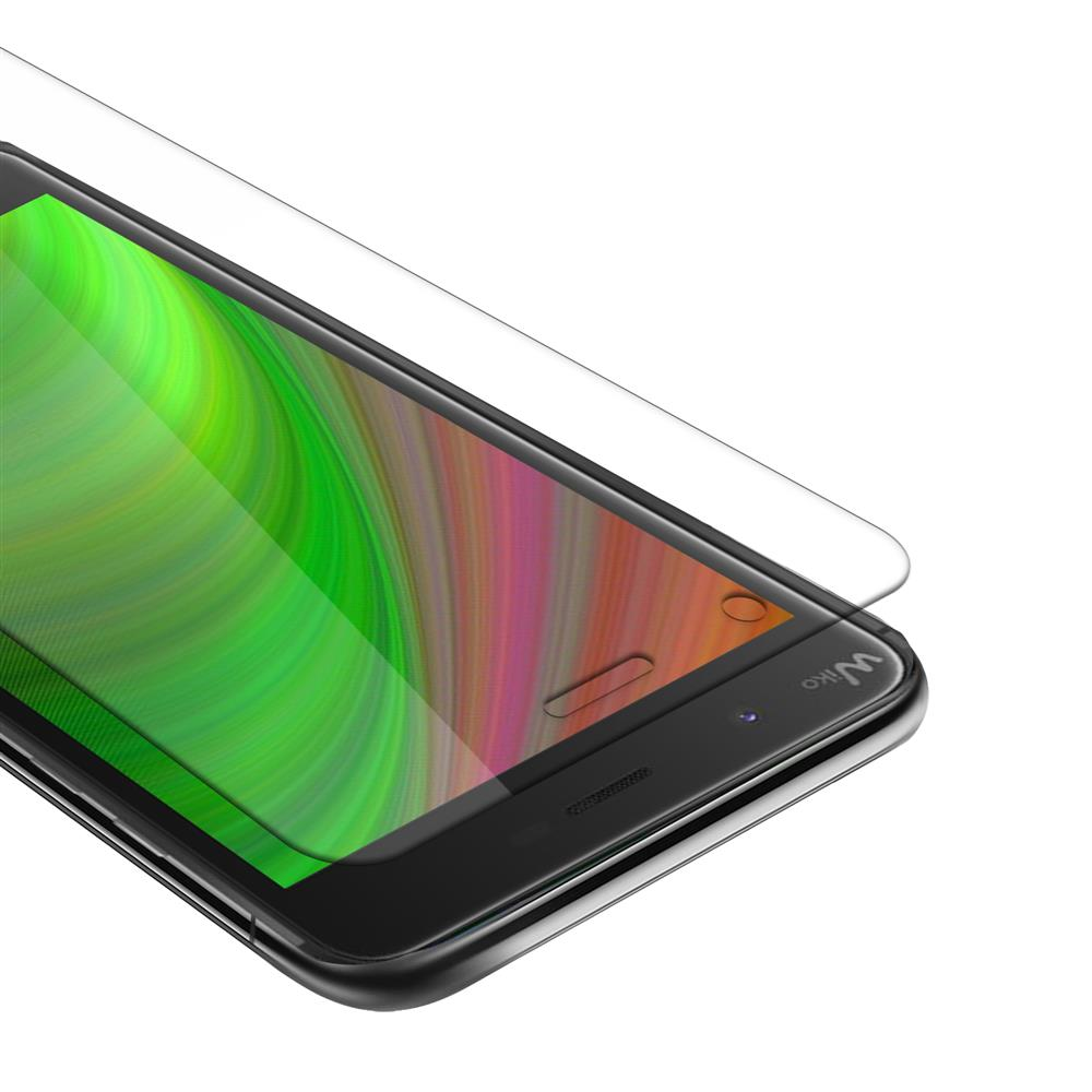 Telefono nero con protezione schermo. Lo schermo mostra un design colorato. La protezione è trasparente.