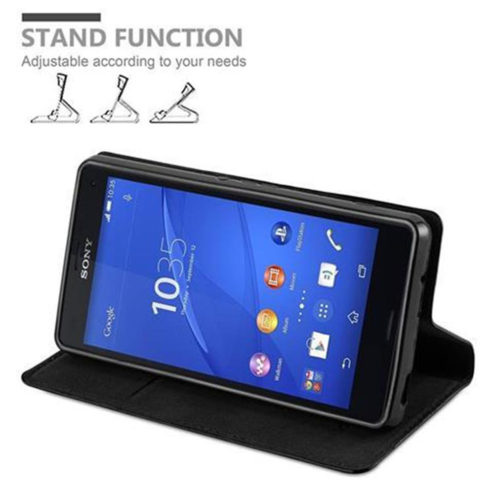 Un teléfono en una funda con soporte. El texto menciona la función de soporte, con tres opciones de ángulo.