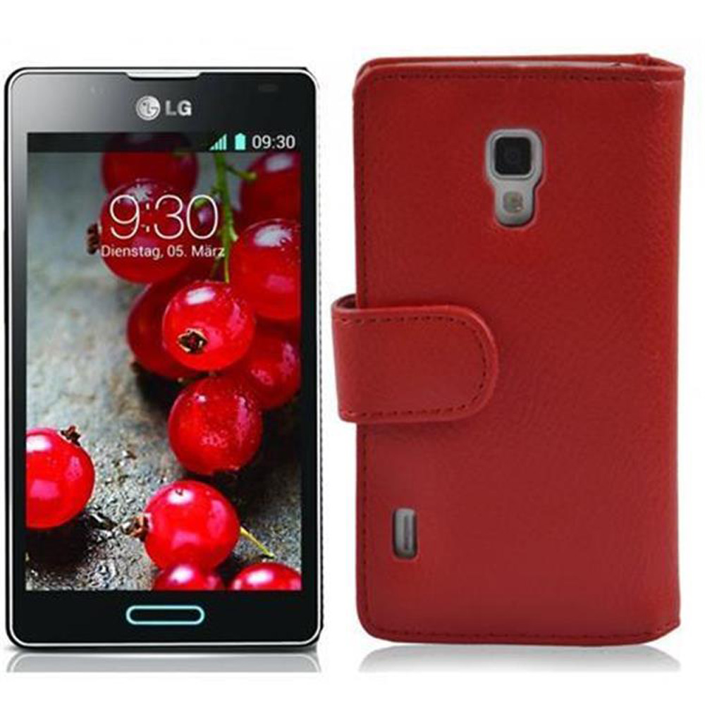 LG-Telefon mit roten Beeren auf dem Bildschirm, neben einer roten Lederhülle.