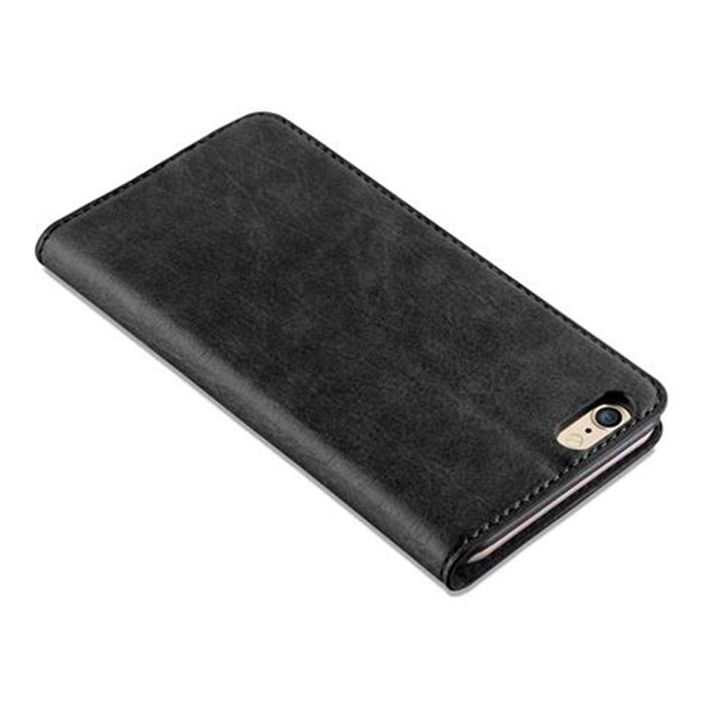 Una custodia per telefono nera, con un design chiuso. La custodia è su una superficie.