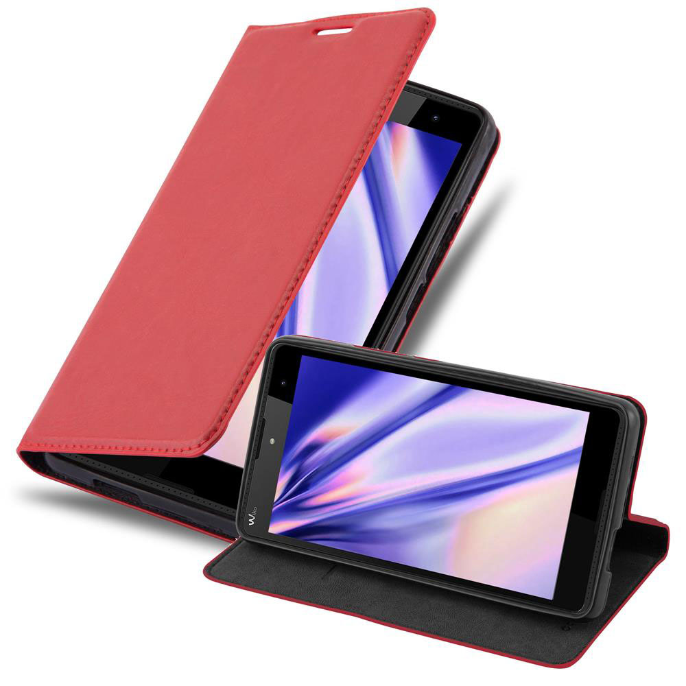 Funda roja para teléfono con teléfono. Funda abierta, pantalla del teléfono visible. El teléfono es negro y muestra una pantalla morada.
