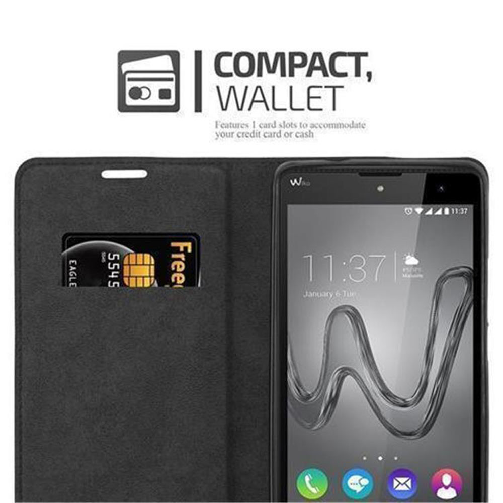 Funda negra con teléfono dentro. Tarjeta en ranura. Texto 'Compact, Wallet'. Teléfono muestra hora.