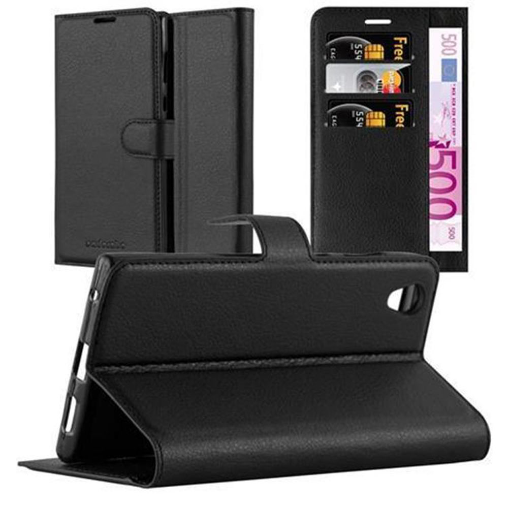 Schwarze Handyhülle mit Telefon darin. Kreditkarten und Geld sind sichtbar. Eine weitere Hülle ist dahinter.