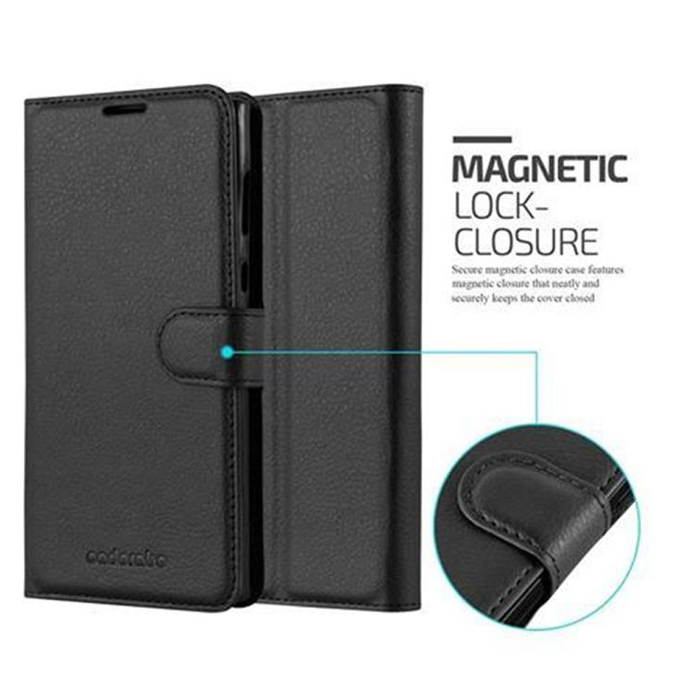 Schwarze Handyhülle, offen mit Telefon im Inneren und Magnetverschluss-Detail, mit Text 'Magnetic Lock-Closure'.