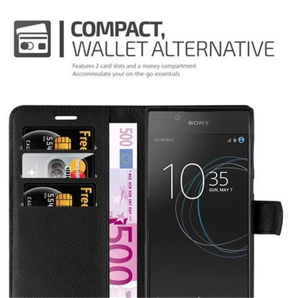 Eine schwarze Handyhülle wird geöffnet gezeigt, mit dem Telefon darin. Karten und Geld sind sichtbar.