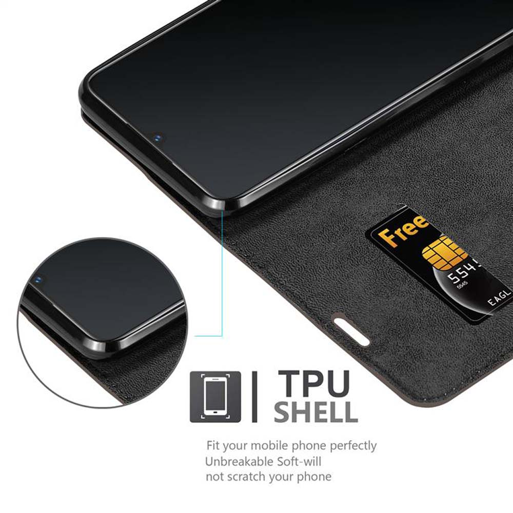 Telefono in una custodia. Il testo recita: TPU Shell. Il telefono è nero. La custodia ha uno slot per una scheda.