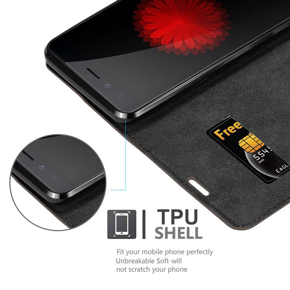 Telefono in una custodia, aperta. Carta di credito visibile nella custodia. Il testo evidenzia il guscio in TPU.