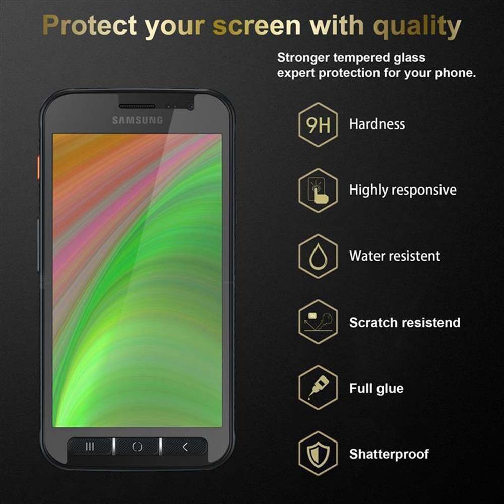 Un telefono Samsung nero con una protezione per lo schermo. Il testo dice, proteggi il tuo schermo con qualità.