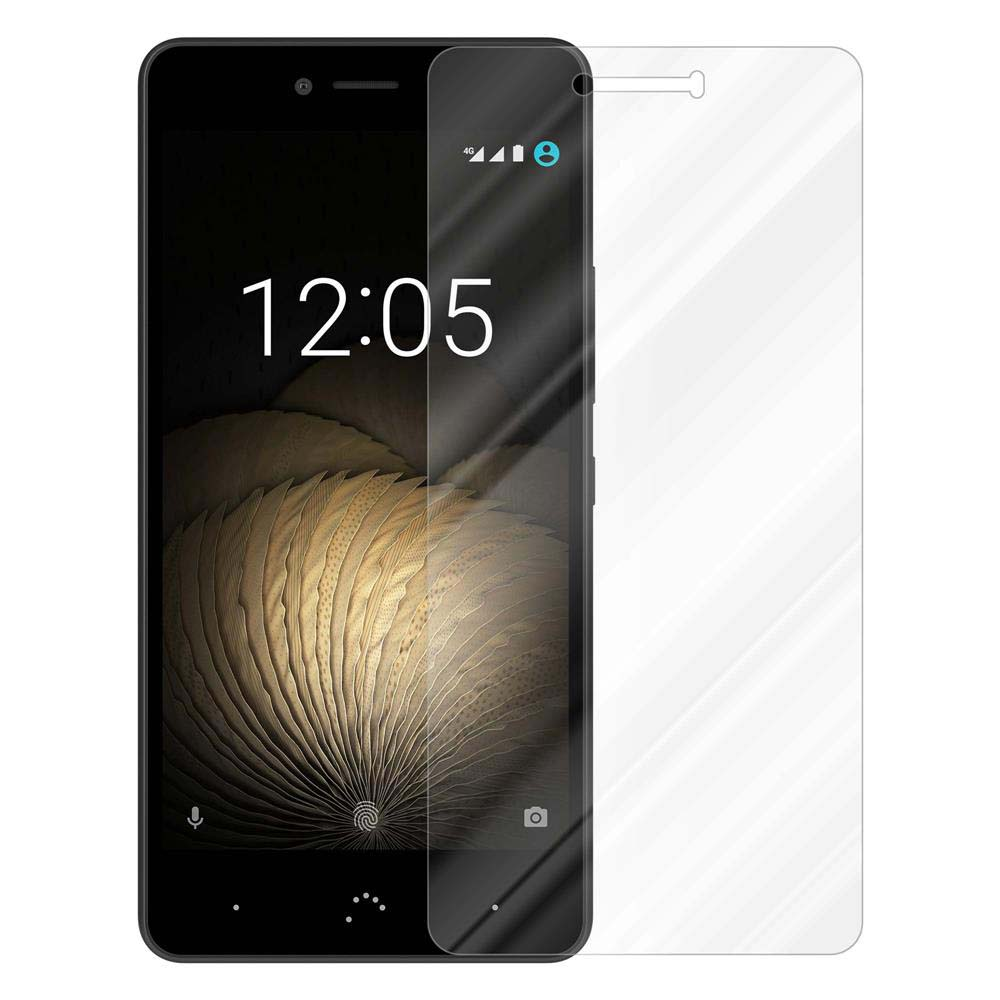 Un teléfono con protector de pantalla. La hora 12:05 está en la pantalla del teléfono. El fondo es negro.