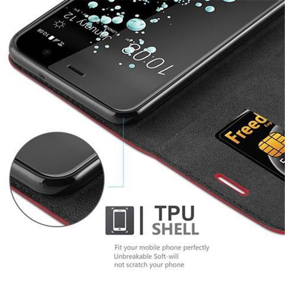 Schwarzes Telefon in einer schwarz-roten Hülle. Eine Kreditkarte ist teilweise sichtbar. Text: TPU-Schale, unzerbrechlich.