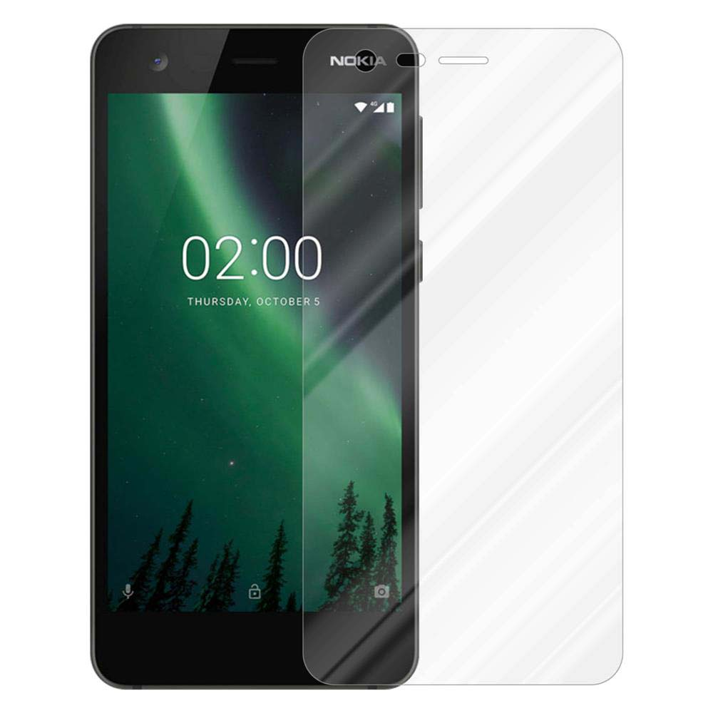Telefono nero accanto al proteggi schermo. Il telefono mostra un paesaggio verde, con un timestamp.