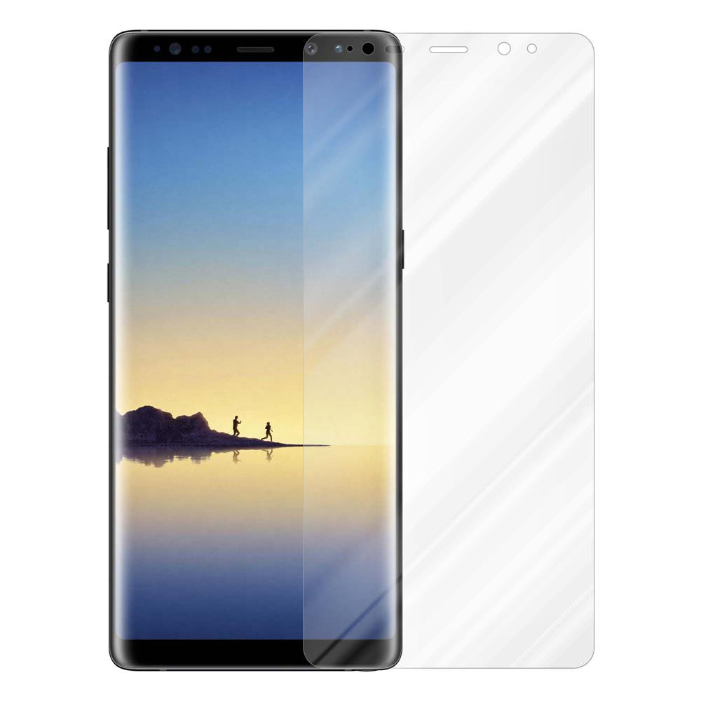 Un telefono con una protezione per lo schermo sopra. La protezione per lo schermo è trasparente. Lo sfondo del telefono mostra un paesaggio.