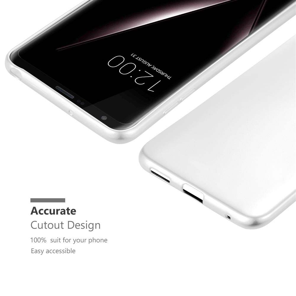 Telefon in silbernem Case, mit Text 'Accurate Cutout Design' und Zusatztext.