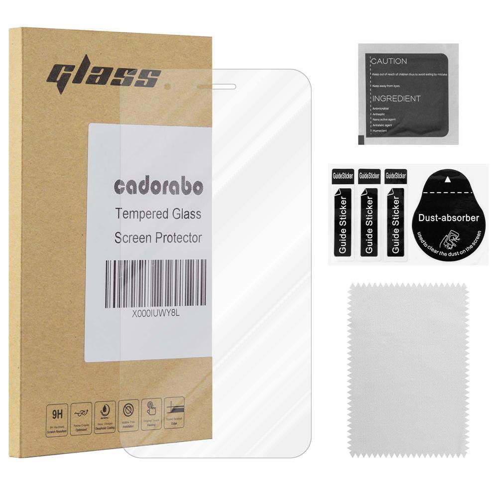 Protector de pantalla de vidrio templado y accesorios en una caja. Incluye pegatinas guía y un paño de limpieza.