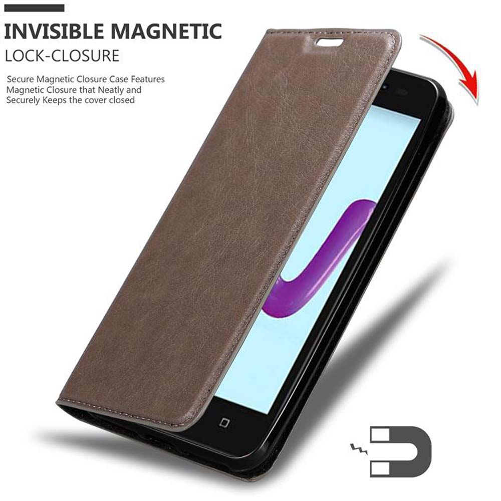 Custodia per telefono in pelle marrone con cover a ribalta su un telefono, con calamita.