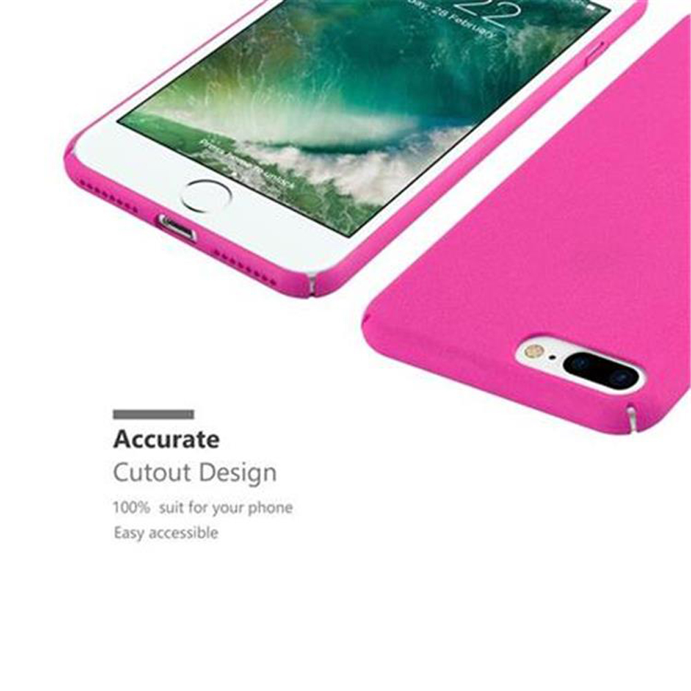 Telefono rosa e custodia rosa. Il testo dice 'Design con ritaglio preciso'. La custodia è accanto al telefono.