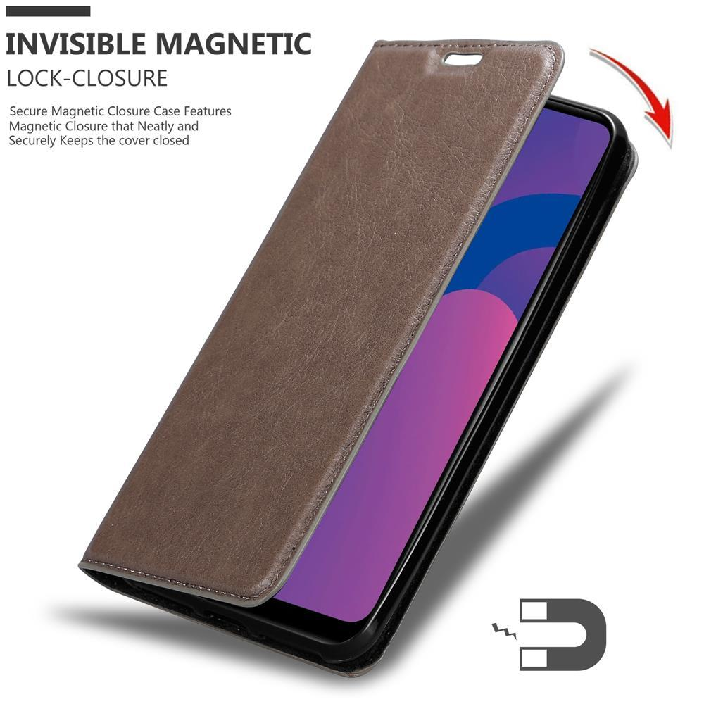 Una custodia marrone con telefono dentro. La custodia è aperta, mostrando lo schermo.
