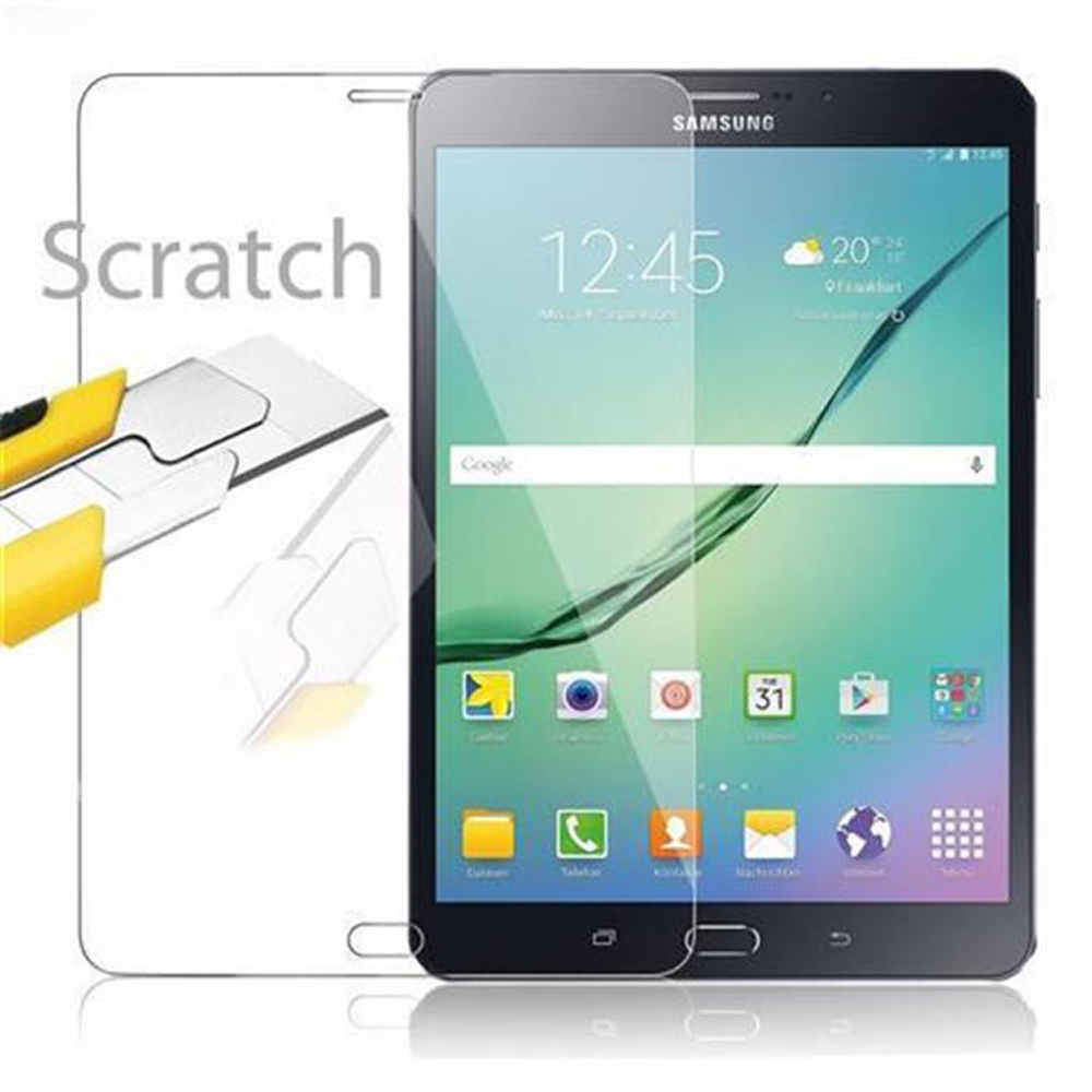 Schermo del tablet con protezione, il testo dice 'Scratch'.