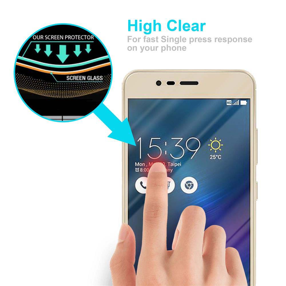 Hand berührt Telefonbildschirm mit Uhrzeit 15:39. Text: High Clear. Glas wird durch Pfeil hervorgehoben.