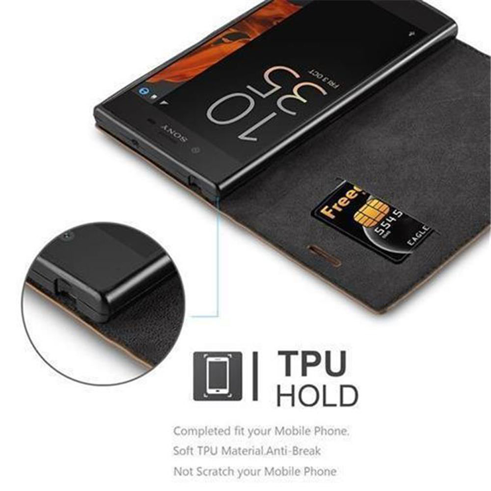 Ein Telefon in einer schwarzen Hülle, offen, mit einer Karte und einem Kartenfach. Eine Nahaufnahme einer Telefonecke ist in einem Kreis.