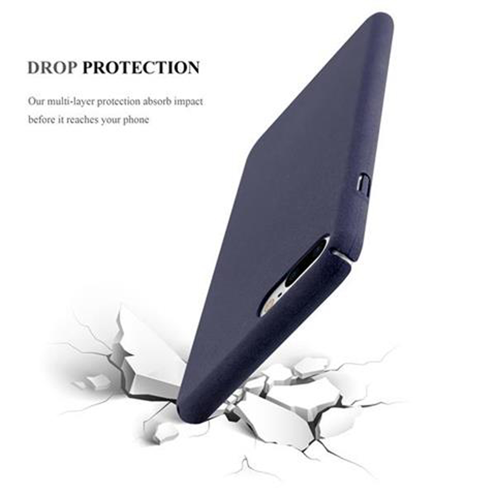 Marineblaues Handy-Case, rissiger Boden. Text: Fallschutz, unser Mehrschichtschutz absorbiert Stöße.