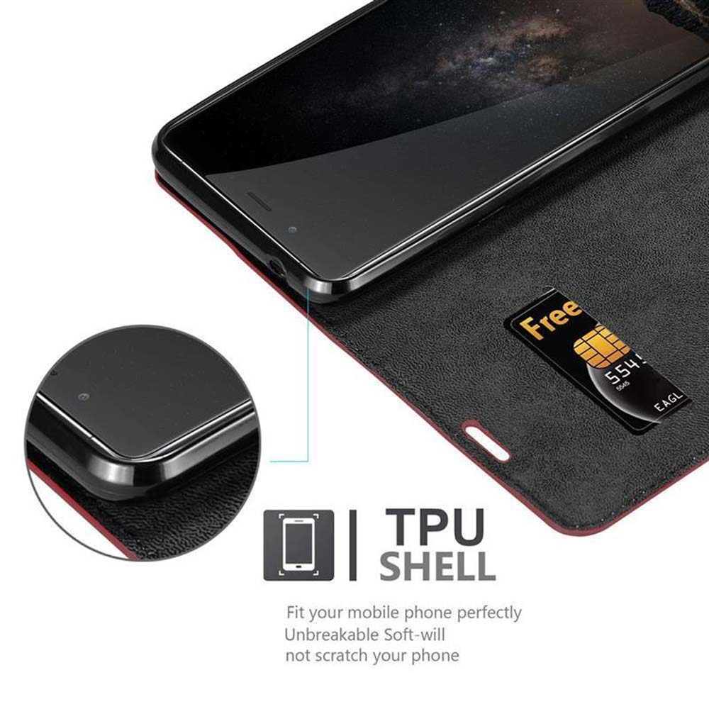 Custodia nera per telefono, che mostra un telefono, una SIM e un porta carte.